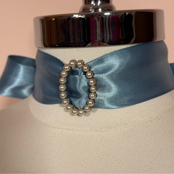 Antique Jewelry - Antique Victorian Art deco Pearl Buckle Blue Ribbon wide Choker Necklace